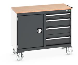 Bott Cubio Mobile Cabinet / Maintenance Trolley measuring 1050mm wide x 525mm deep x 890mm high. Storage comprises of 1 x Cupboard (525mm wide x 600mm high) and 4 x 525mm wide Drawers (1 x 100mm, 2 x 150mm & 1 x 200mm high).... Bott MobileIndustrial Tool Storage Trolleys 1050mm x 525mm